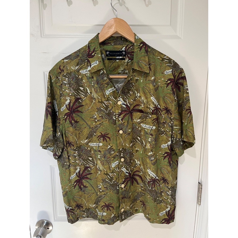 AllSaints Summer Hawaiian Camp Shirt Green Tropical Palm Bora Bora Men Medium